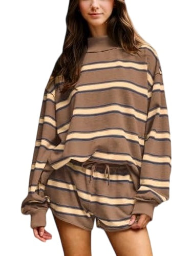 Striped Long Sleeve Top and Drawstring Shorts Set - Khaki