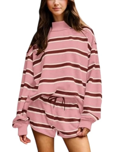 Striped Long Sleeve Top and Drawstring Shorts Set - LightRed
