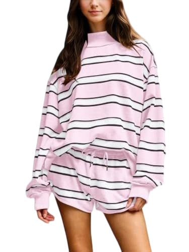 Striped Long Sleeve Top and Drawstring Shorts Set - Pink