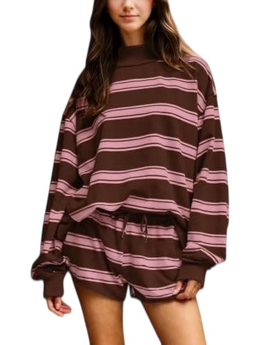 Striped Long Sleeve Top and Drawstring Shorts Set - Pink_Brown