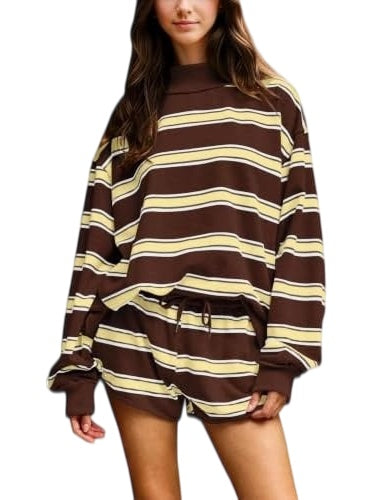 Striped Long Sleeve Top and Drawstring Shorts Set - YellowBrown