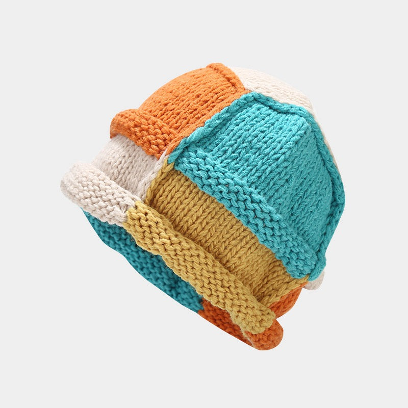 Y2K Patchwork Color Block Knit Beanie - Beige