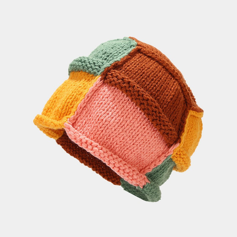 Y2K Patchwork Color Block Knit Beanie - Caramel