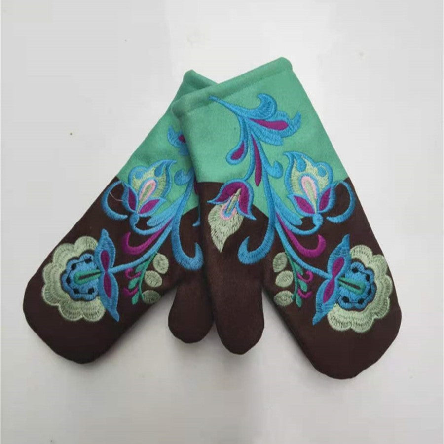 Folk Embroidered Wool Blend Mittens - Cyan