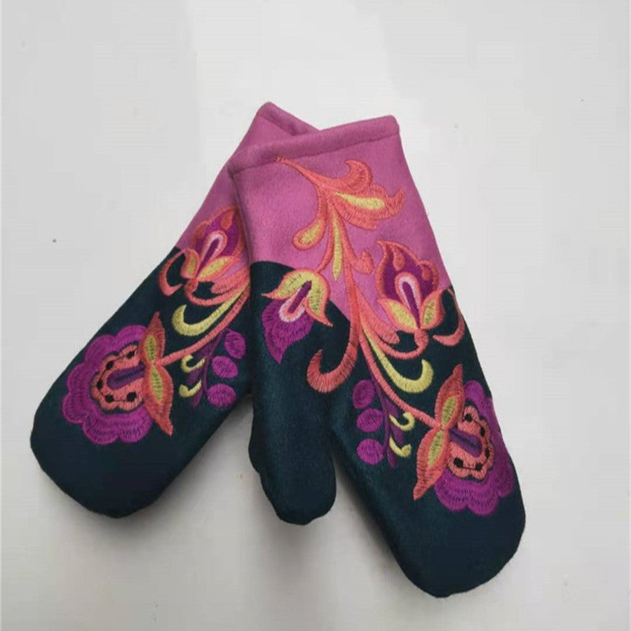 Folk Embroidered Wool Blend Mittens - Purple