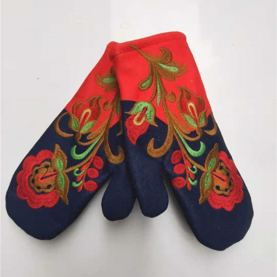 Folk Embroidered Wool Blend Mittens - Red