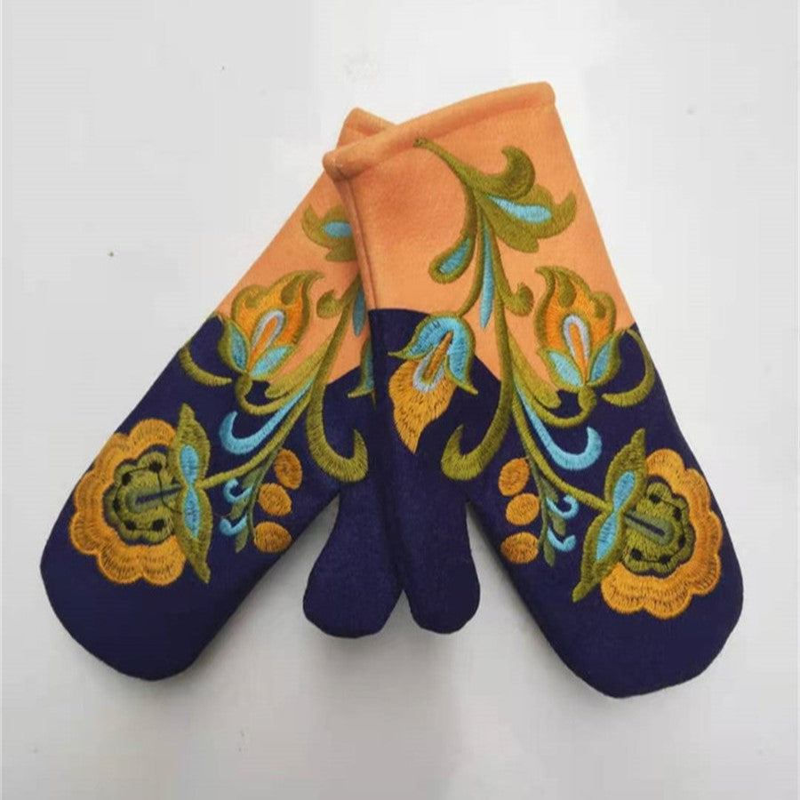 Folk Embroidered Wool Blend Mittens - Yellow