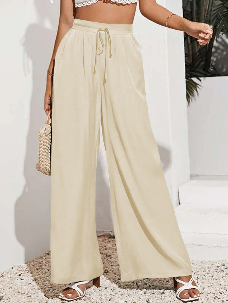 Drawstring Waist Wide Leg Palazzo Pants - Beige