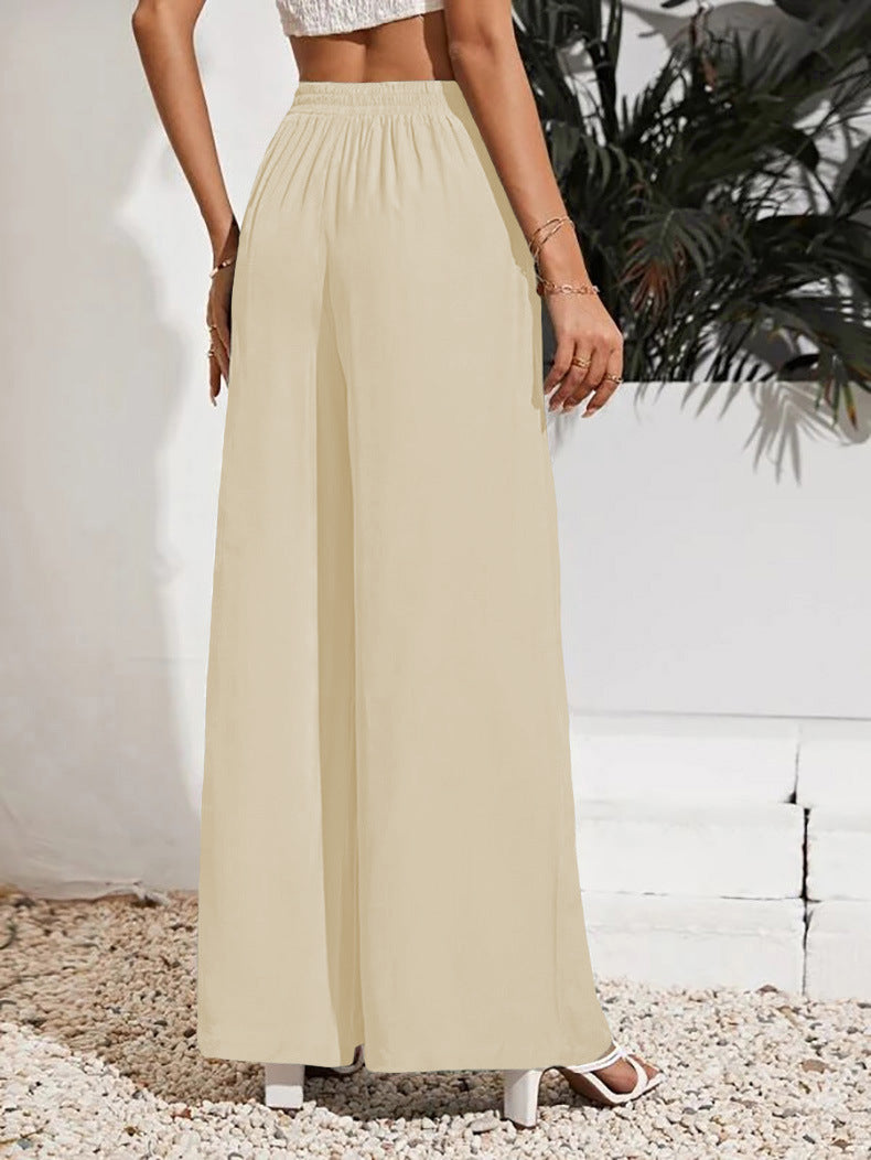 Drawstring Waist Wide Leg Palazzo Pants - Beige - 1