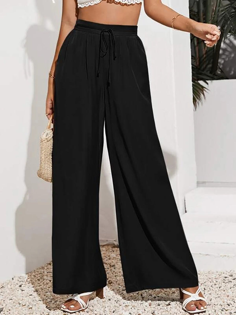 Drawstring Waist Wide Leg Palazzo Pants - Black