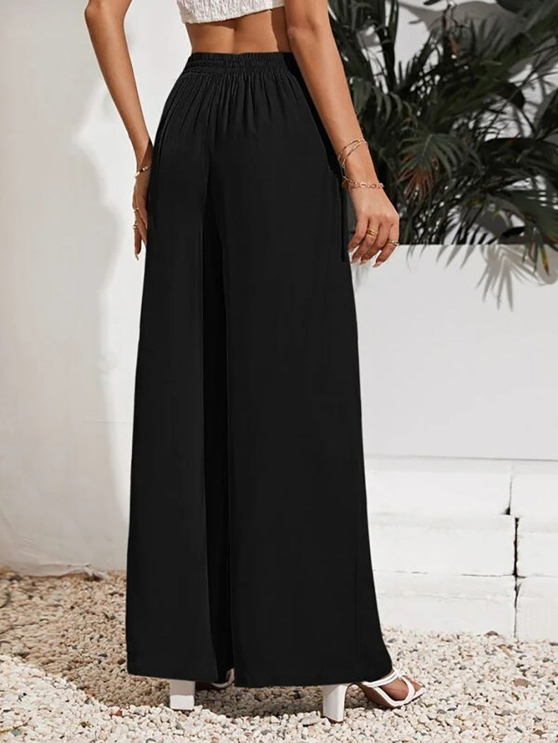 Drawstring Waist Wide Leg Palazzo Pants - Black - 1