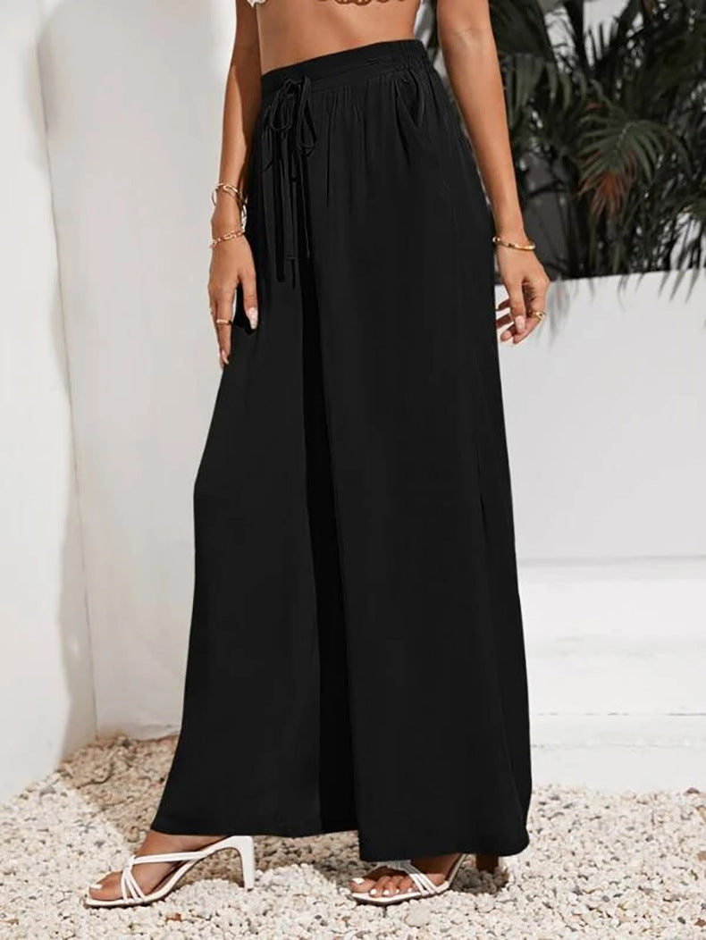 Drawstring Waist Wide Leg Palazzo Pants - Black - 2