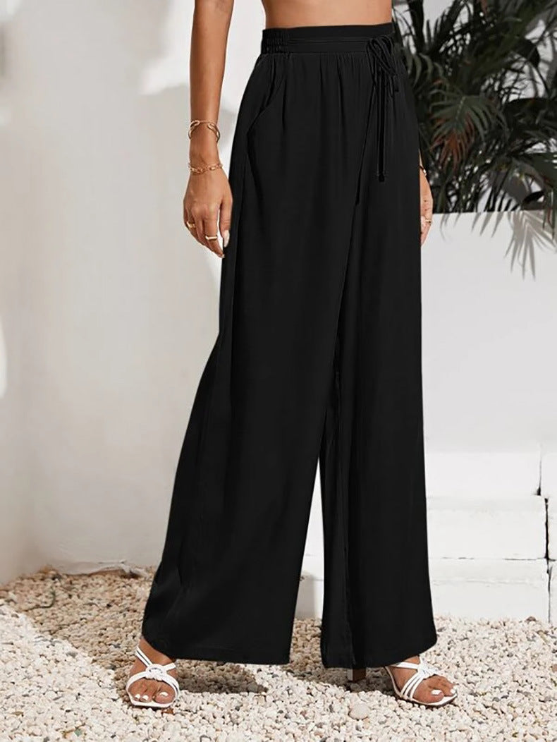 Drawstring Waist Wide Leg Palazzo Pants - Black - 4