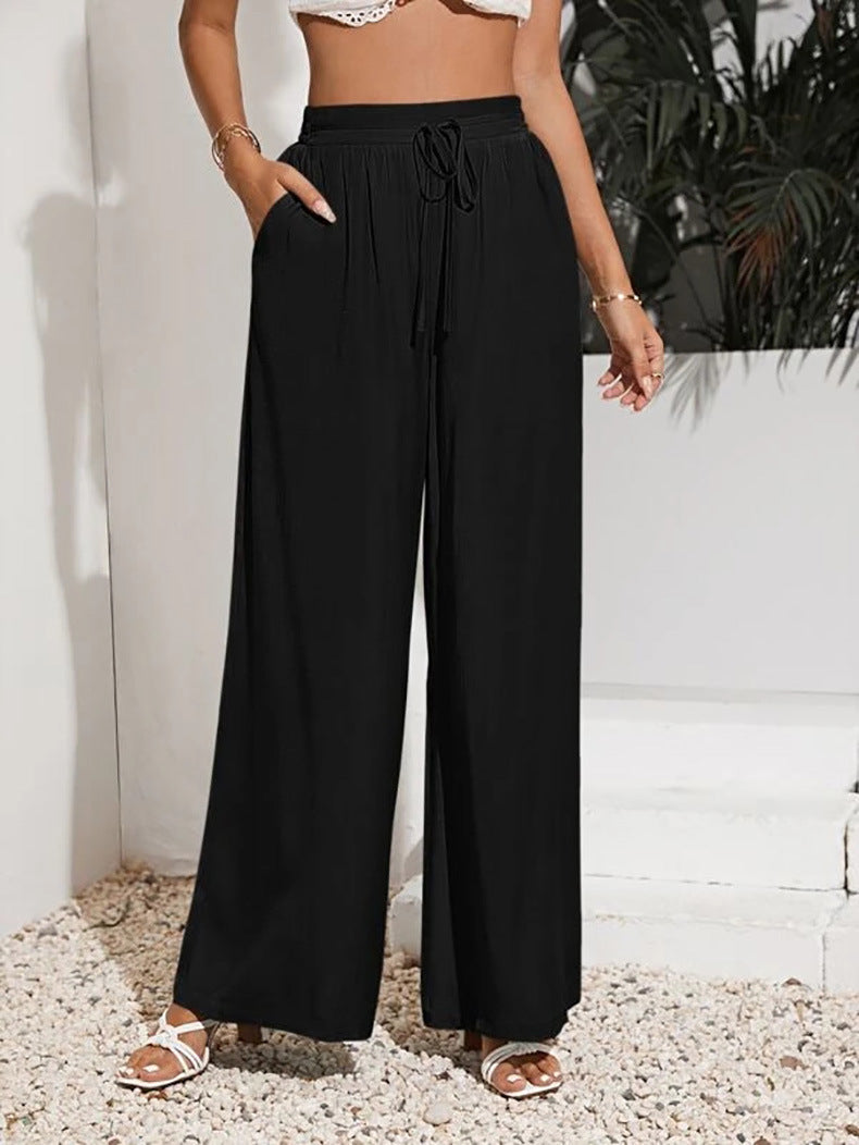 Drawstring Waist Wide Leg Palazzo Pants - Black - 5