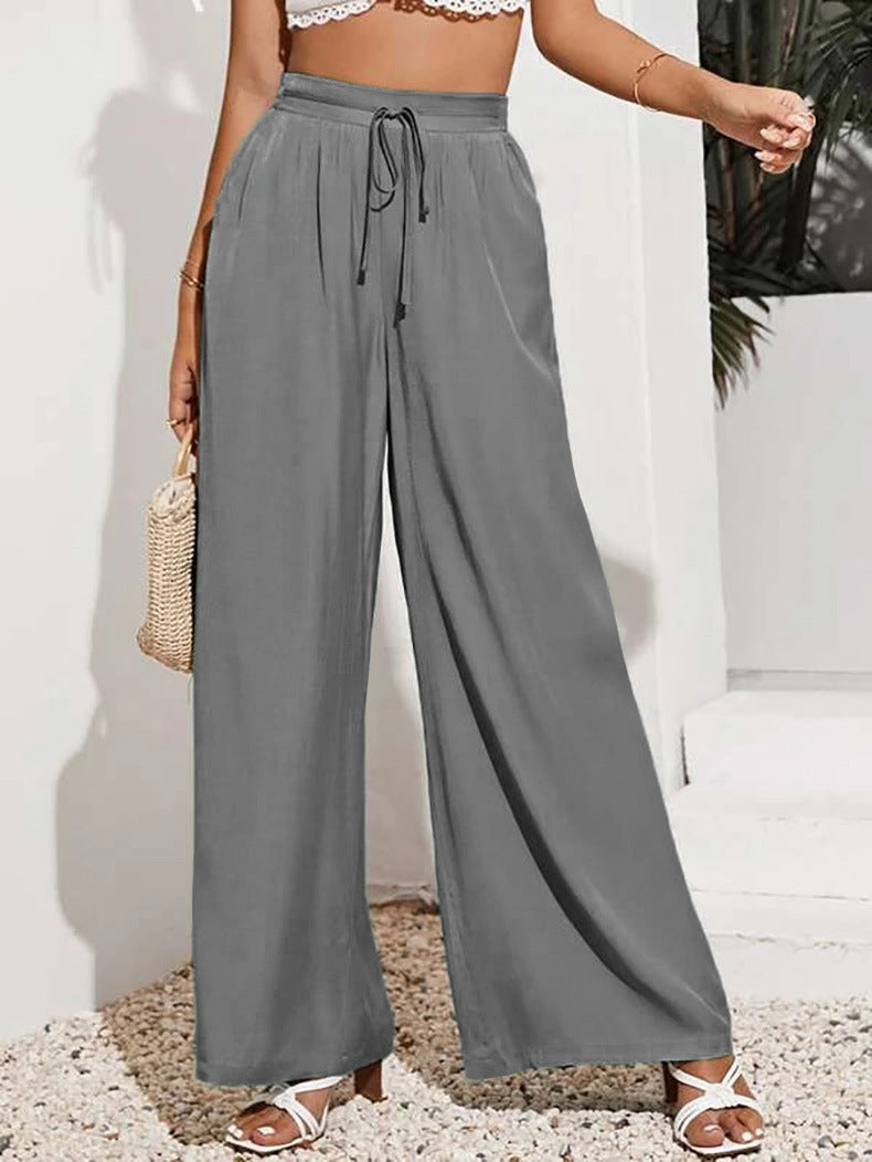 Drawstring Waist Wide Leg Palazzo Pants - Gray
