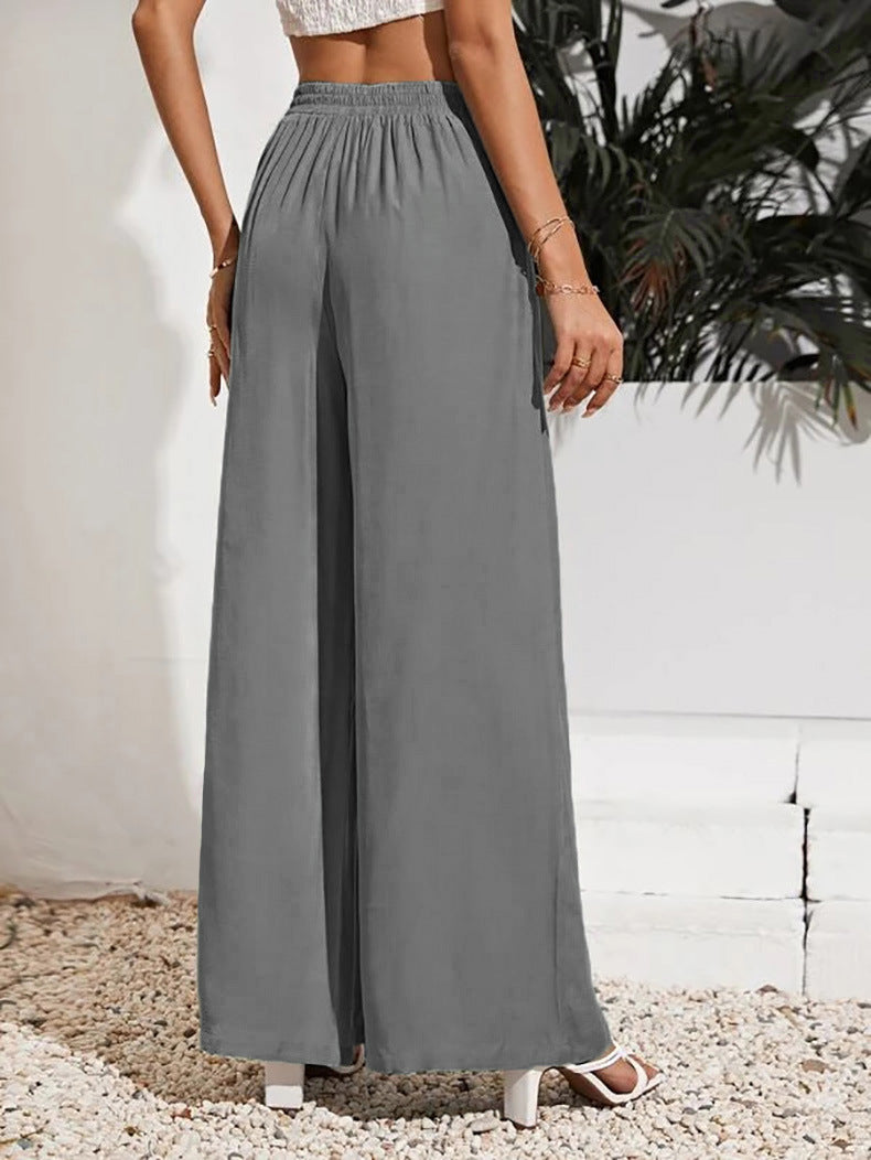 Drawstring Waist Wide Leg Palazzo Pants - Gray - 1