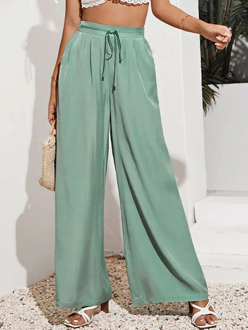 Drawstring Waist Wide Leg Palazzo Pants - Green