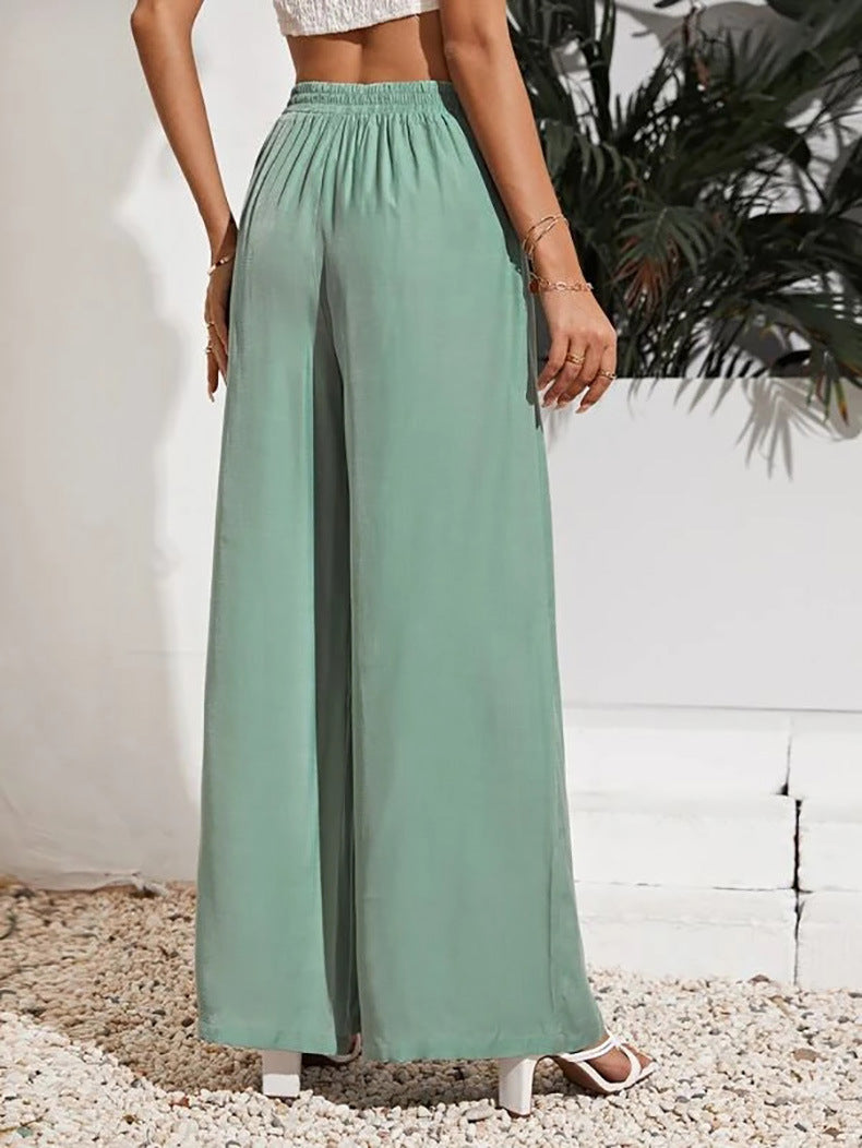 Drawstring Waist Wide Leg Palazzo Pants - Green - 1
