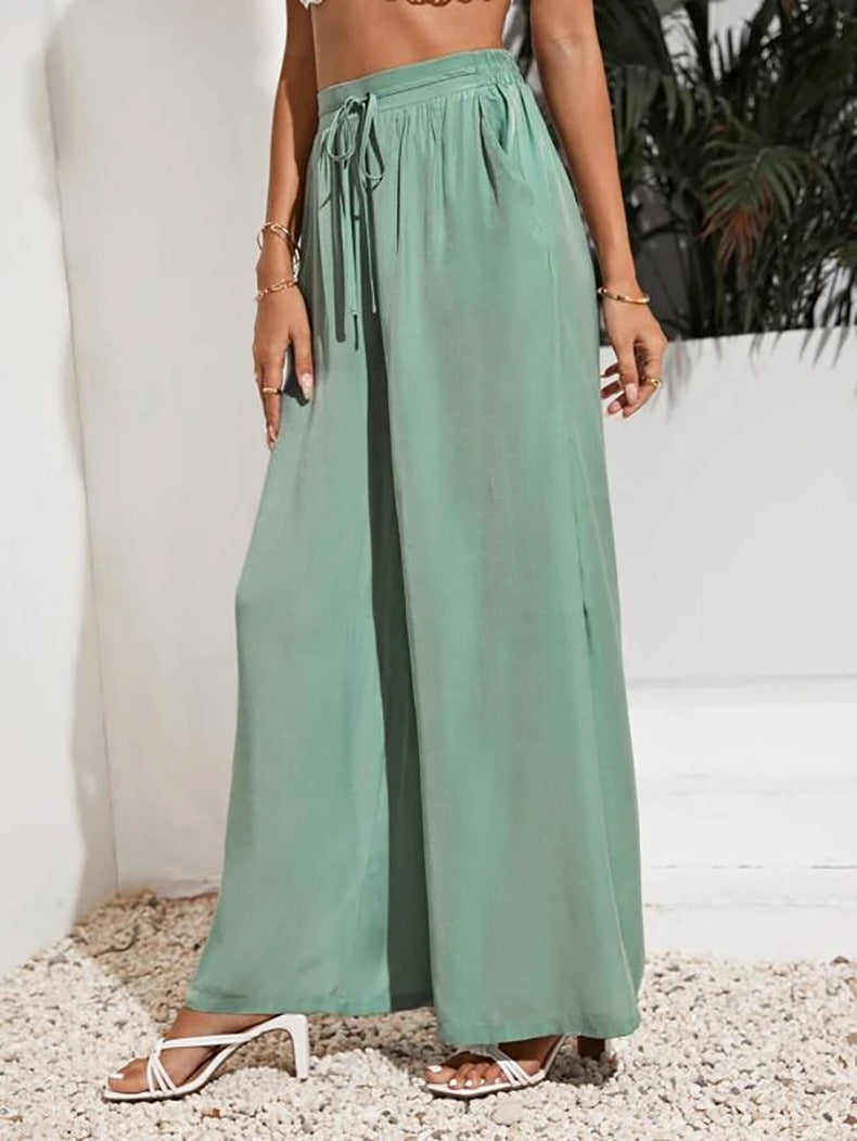 Drawstring Waist Wide Leg Palazzo Pants - Green - 2