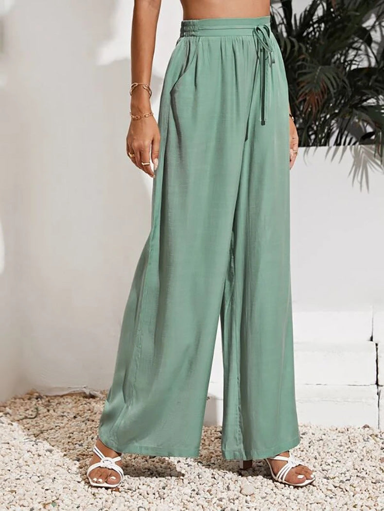 Drawstring Waist Wide Leg Palazzo Pants - Green - 3