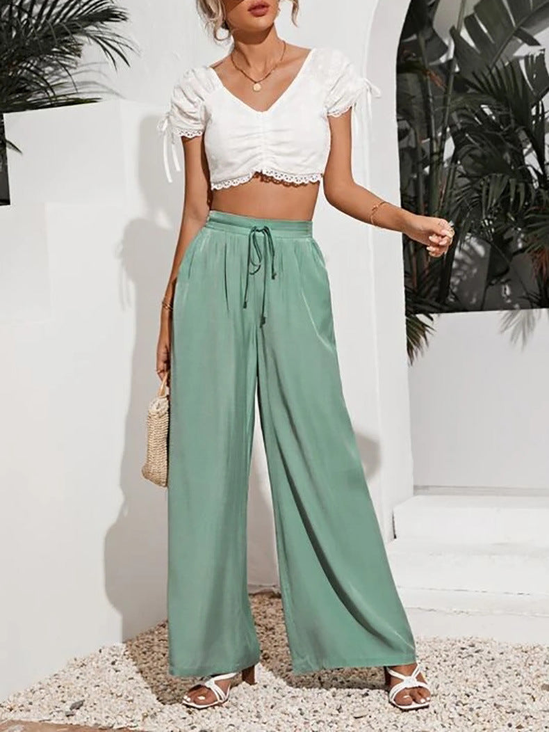Drawstring Waist Wide Leg Palazzo Pants - Green - 4