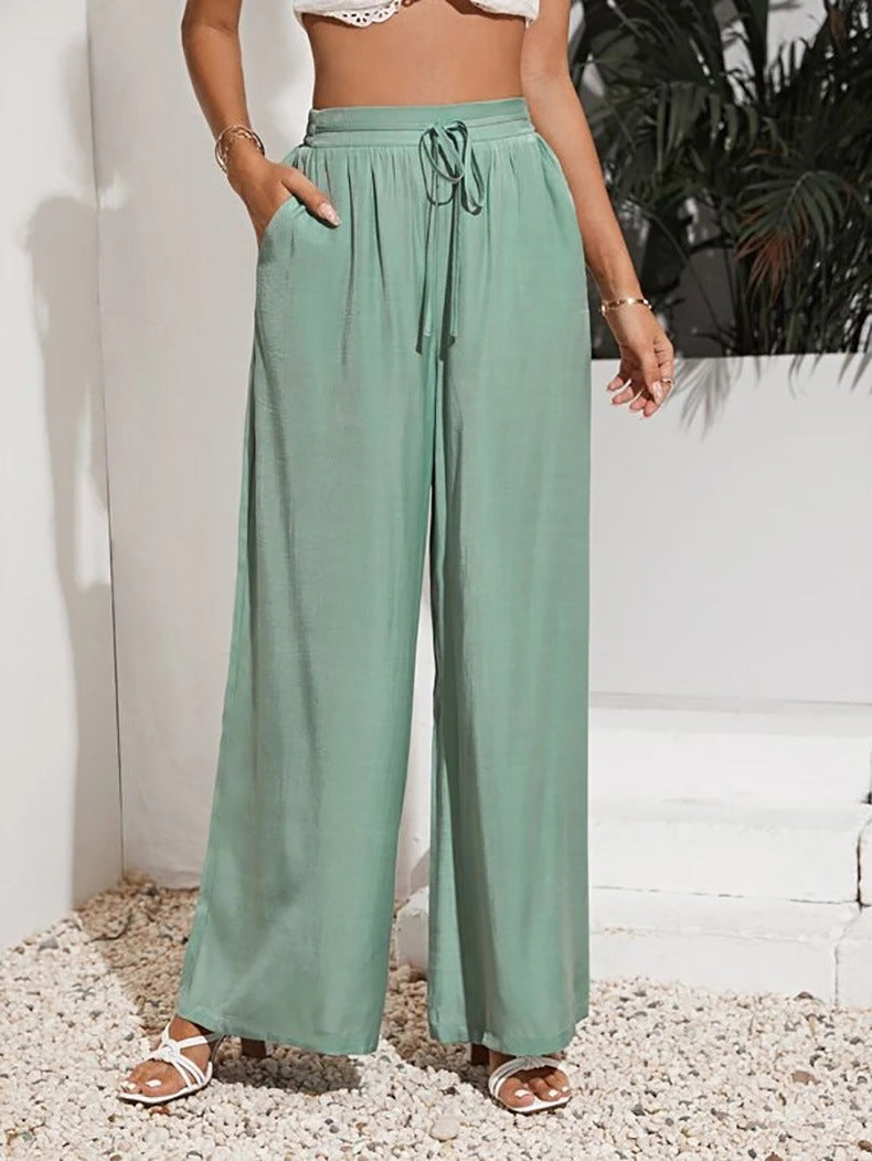 Drawstring Waist Wide Leg Palazzo Pants - Green - 5