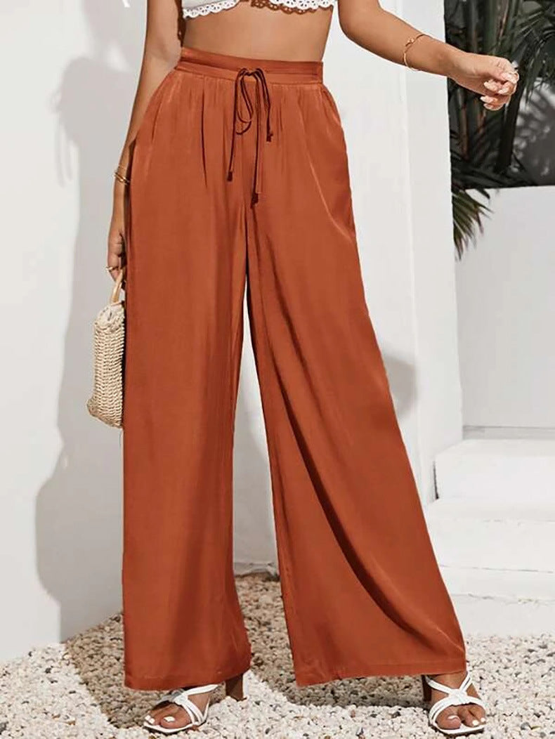 Drawstring Waist Wide Leg Palazzo Pants - Red
