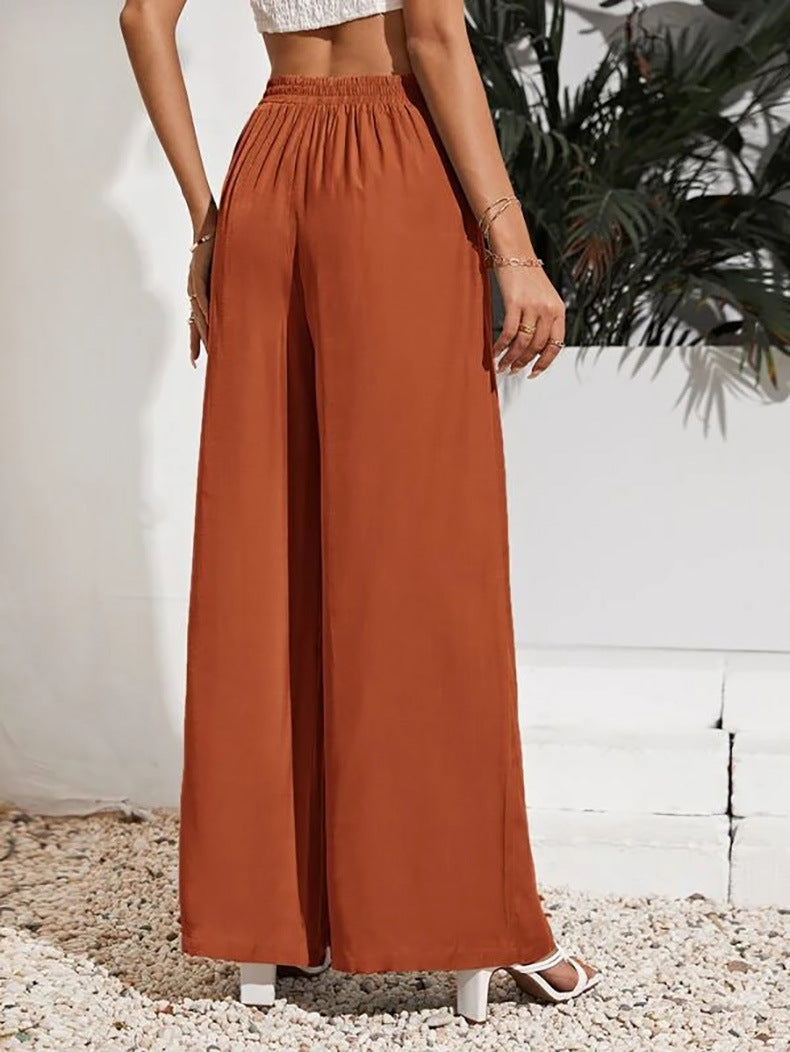Drawstring Waist Wide Leg Palazzo Pants - Red - 1
