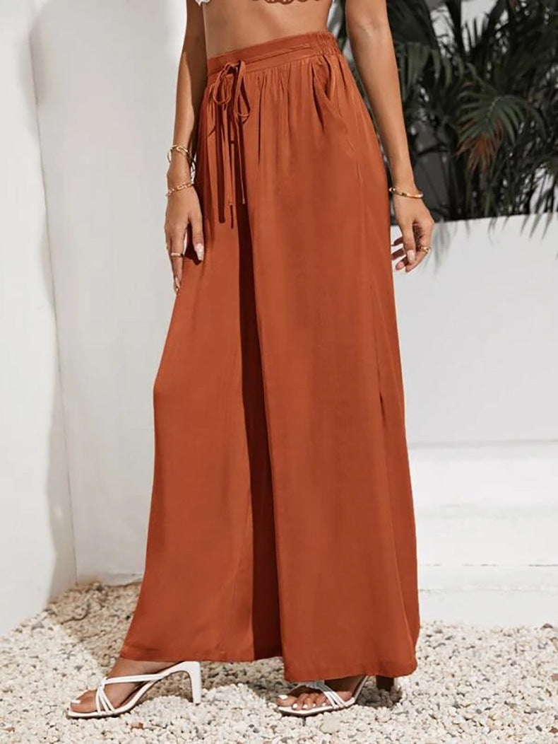 Drawstring Waist Wide Leg Palazzo Pants - Red - 2
