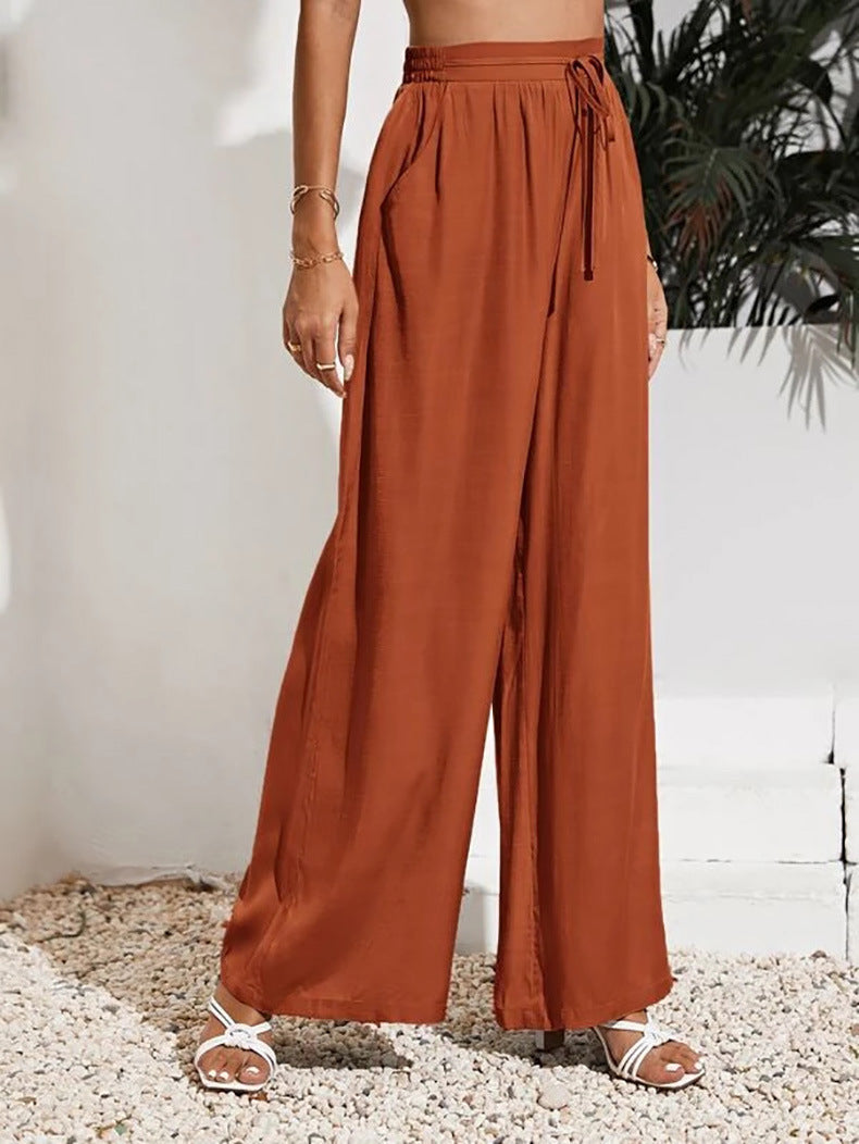 Drawstring Waist Wide Leg Palazzo Pants - Red - 3