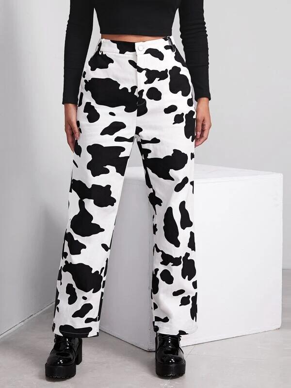 Cow Print High Waist Straight Jeans - Black