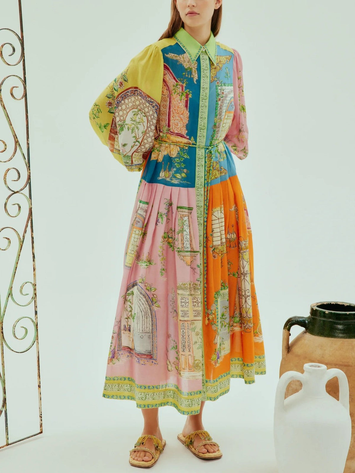 Patchwork Print Belted Midi Shirt Dress - Decor