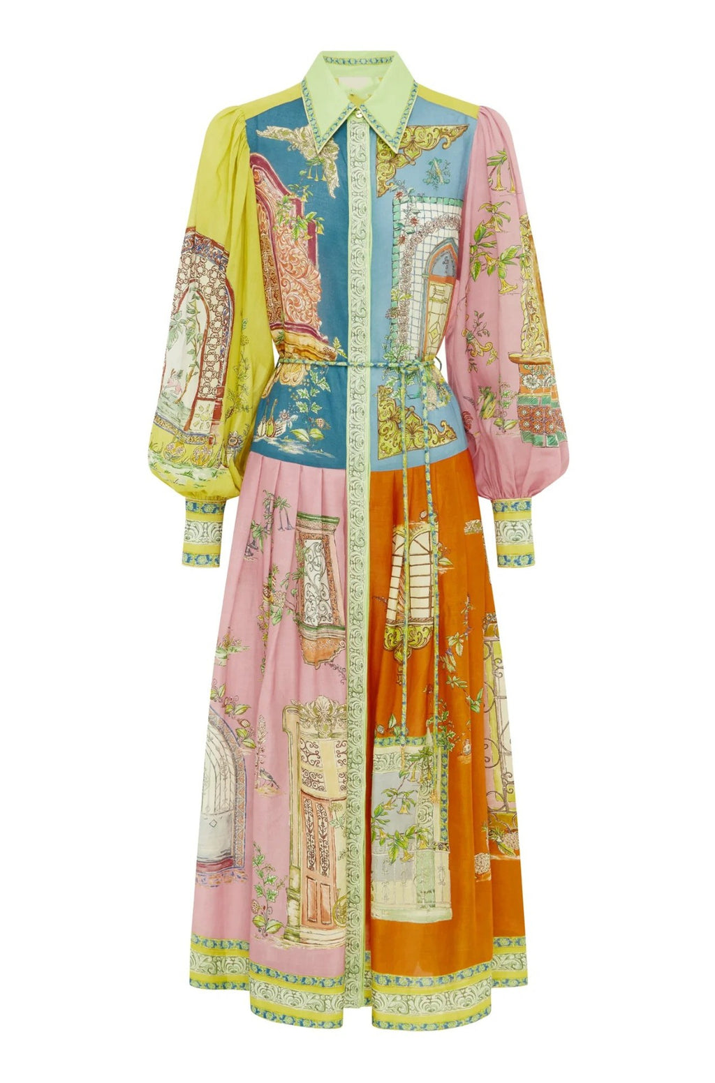 Patchwork Print Belted Midi Shirt Dress - Decor - 1