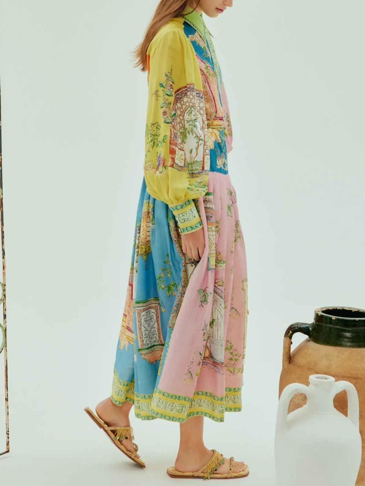 Patchwork Print Belted Midi Shirt Dress - Decor - 2