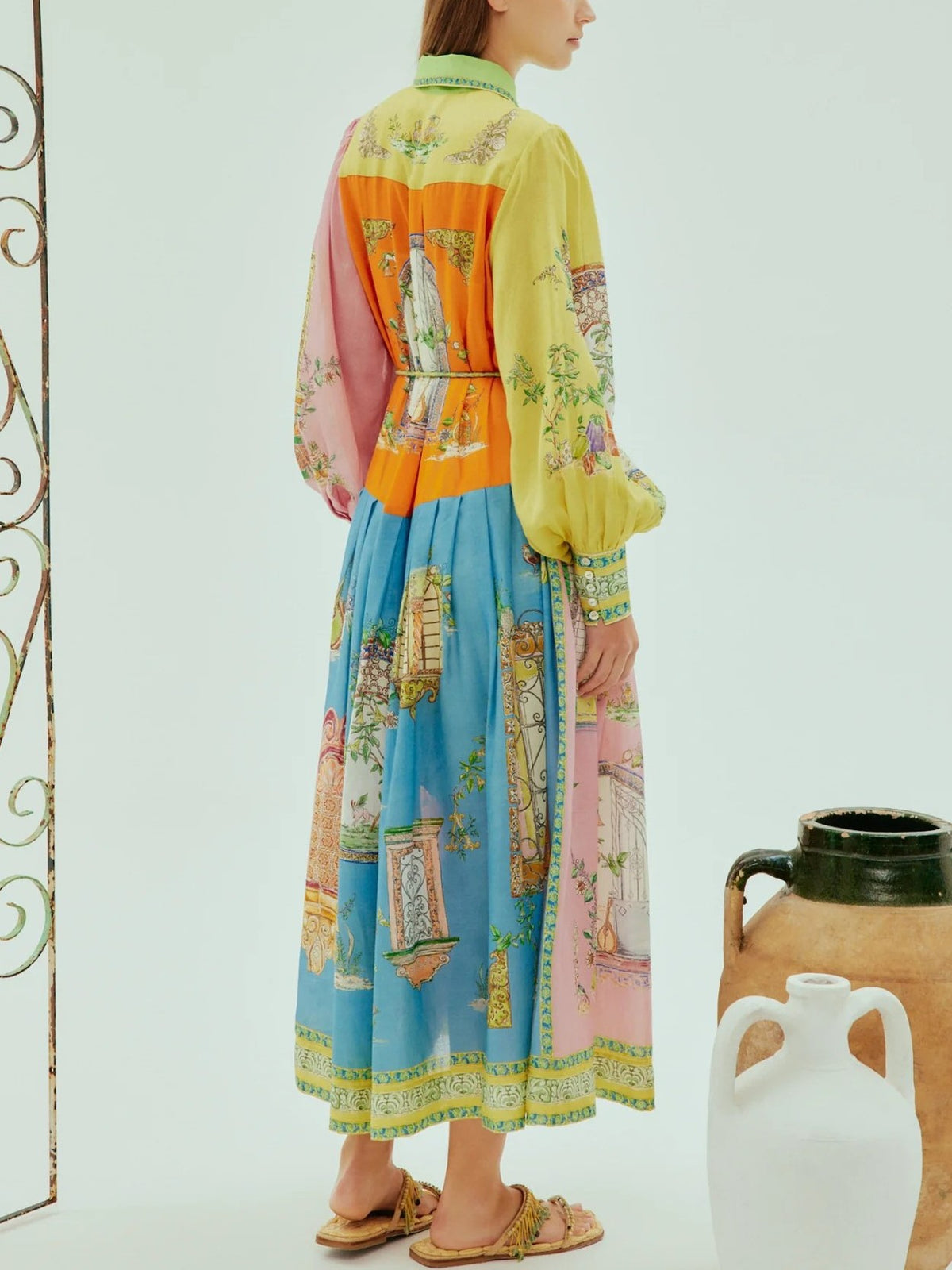 Patchwork Print Belted Midi Shirt Dress - Decor - 3