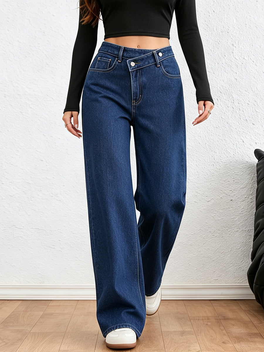 Blue Crossover Waist Fleece Lined Wide Leg Jeans - Blue