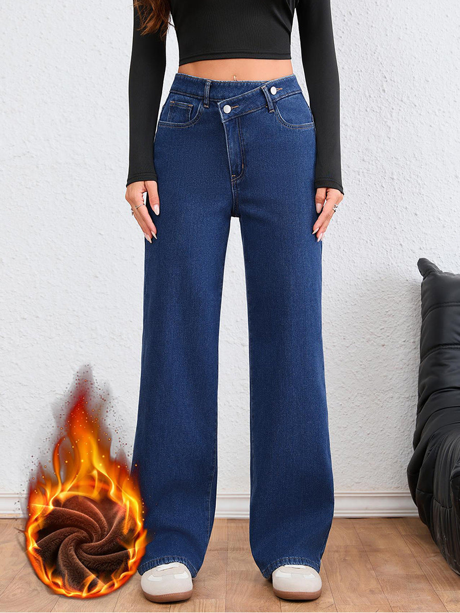 Blue Crossover Waist Fleece Lined Wide Leg Jeans - Blue - 1
