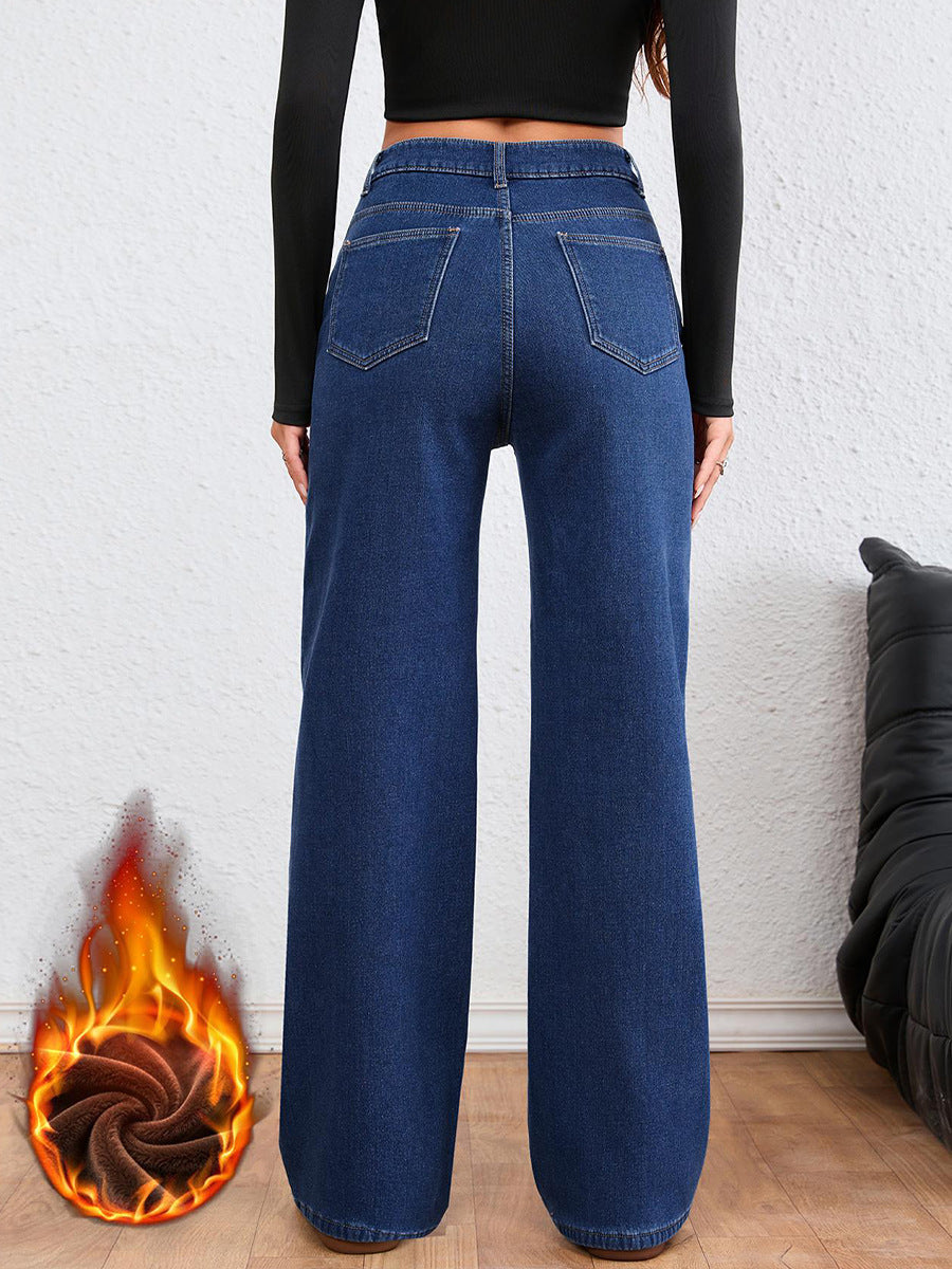 Blue Crossover Waist Fleece Lined Wide Leg Jeans - Blue - 2