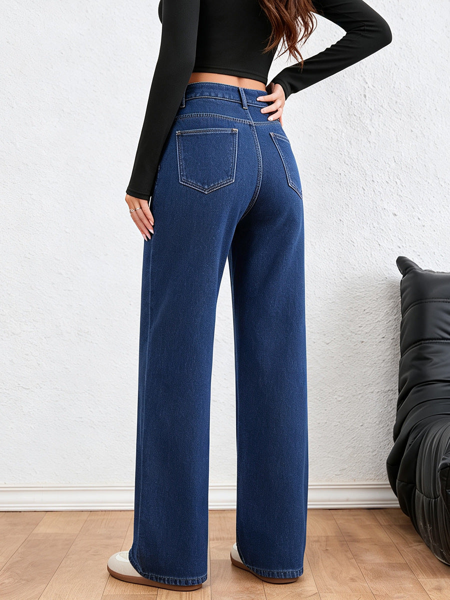 Blue Crossover Waist Fleece Lined Wide Leg Jeans - Blue - 4