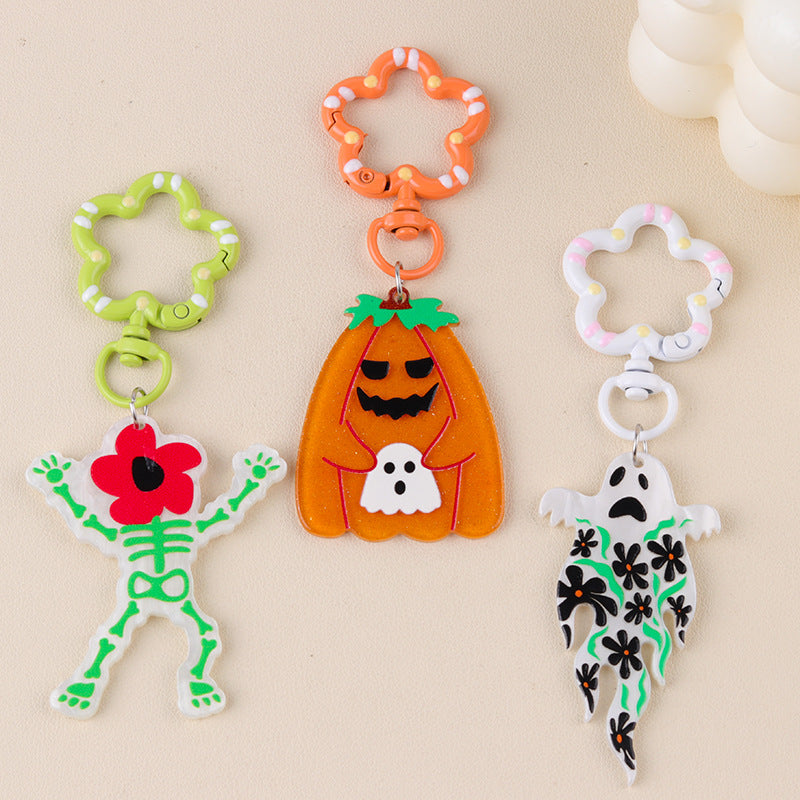 Floral Skeleton and Ghost Halloween Keychain