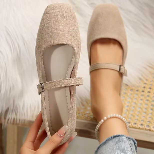 Square Toe Faux Suede Mary Jane Flats - Beige