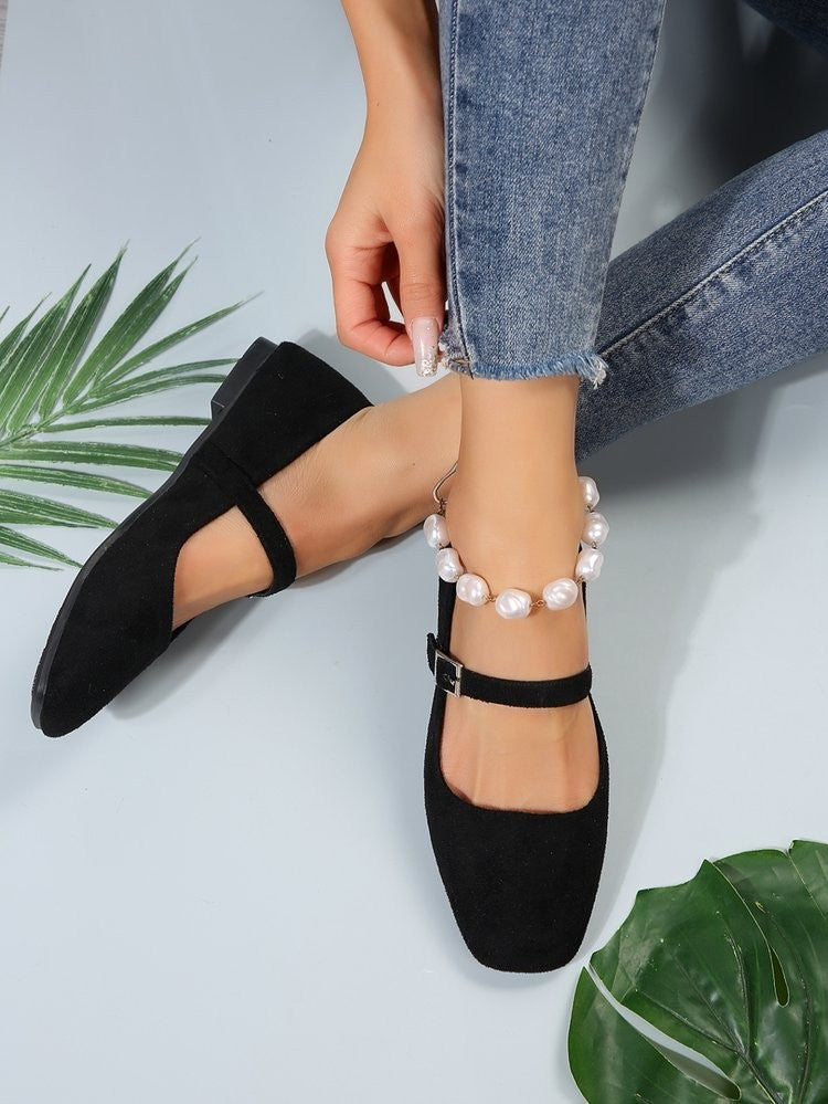 Square Toe Faux Suede Mary Jane Flats - Black