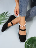 Square Toe Faux Suede Mary Jane Flats - Black