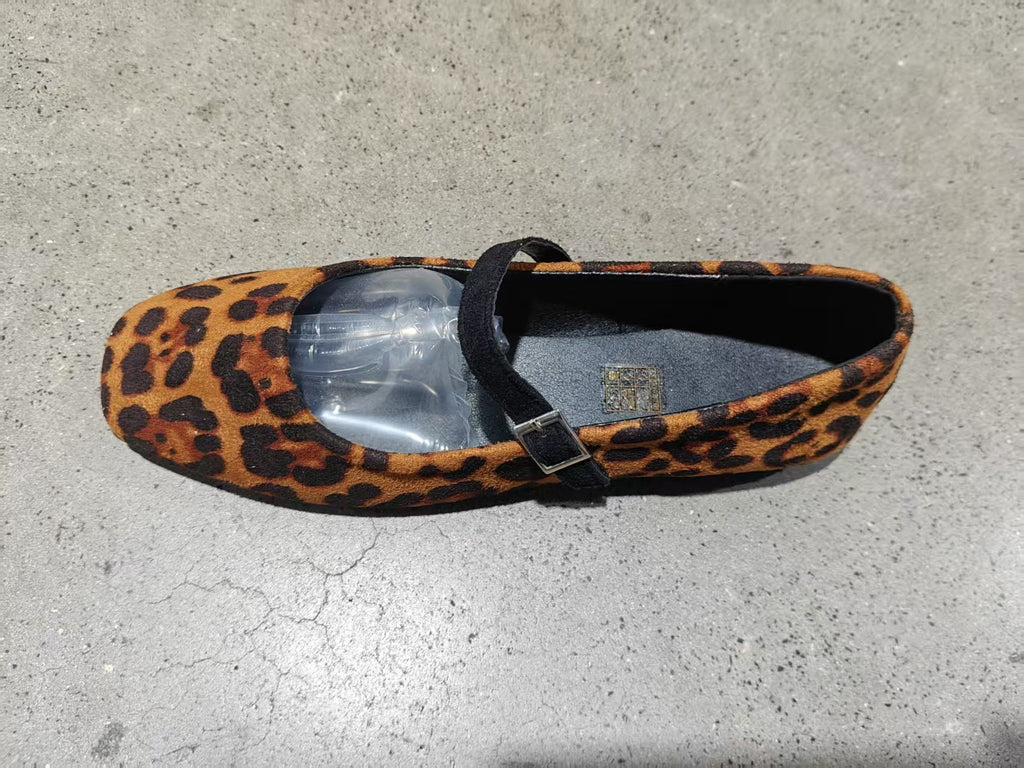 Square Toe Faux Suede Mary Jane Flats - Leopard