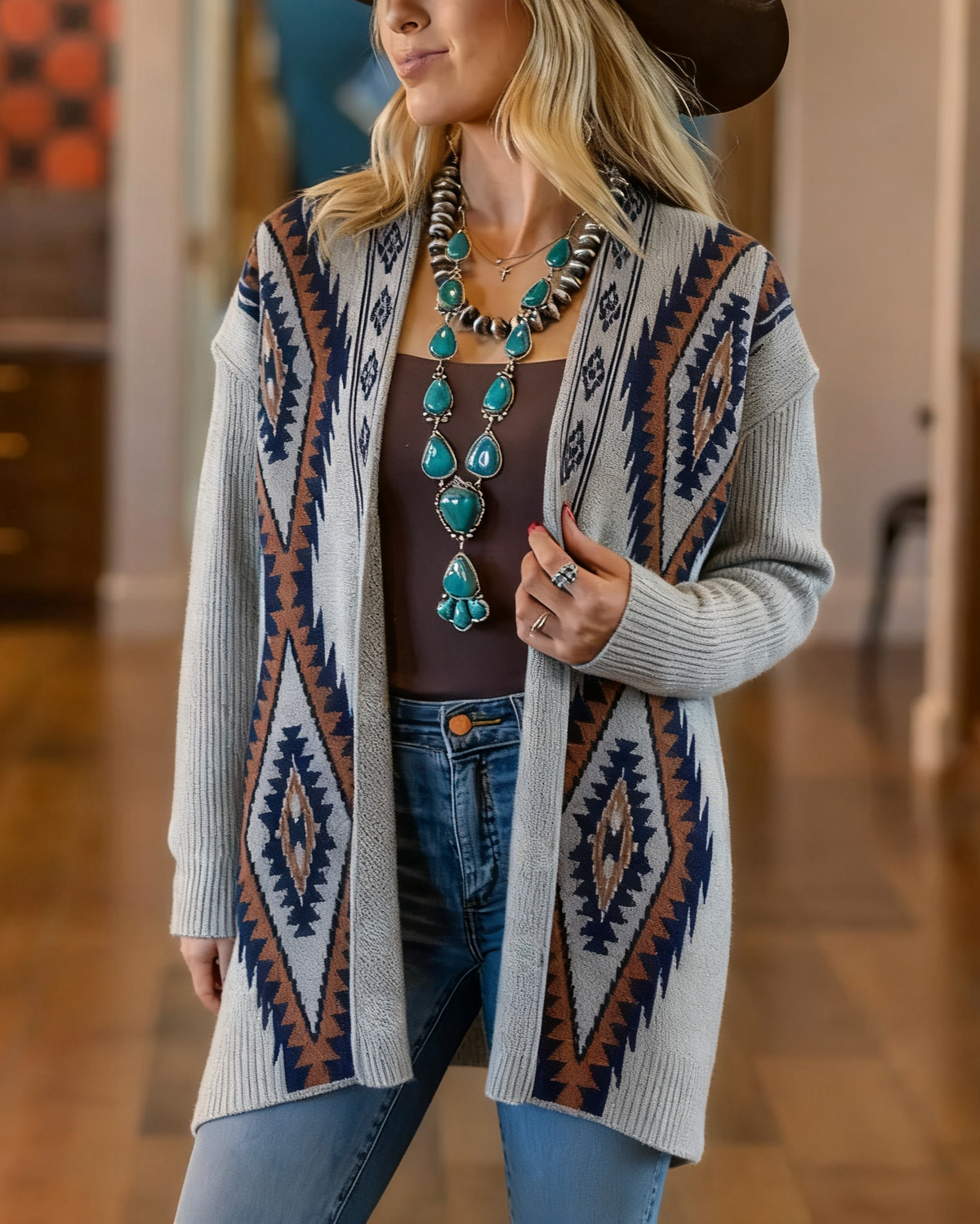 Western Geometric Print Open Front Cardigan - Grey