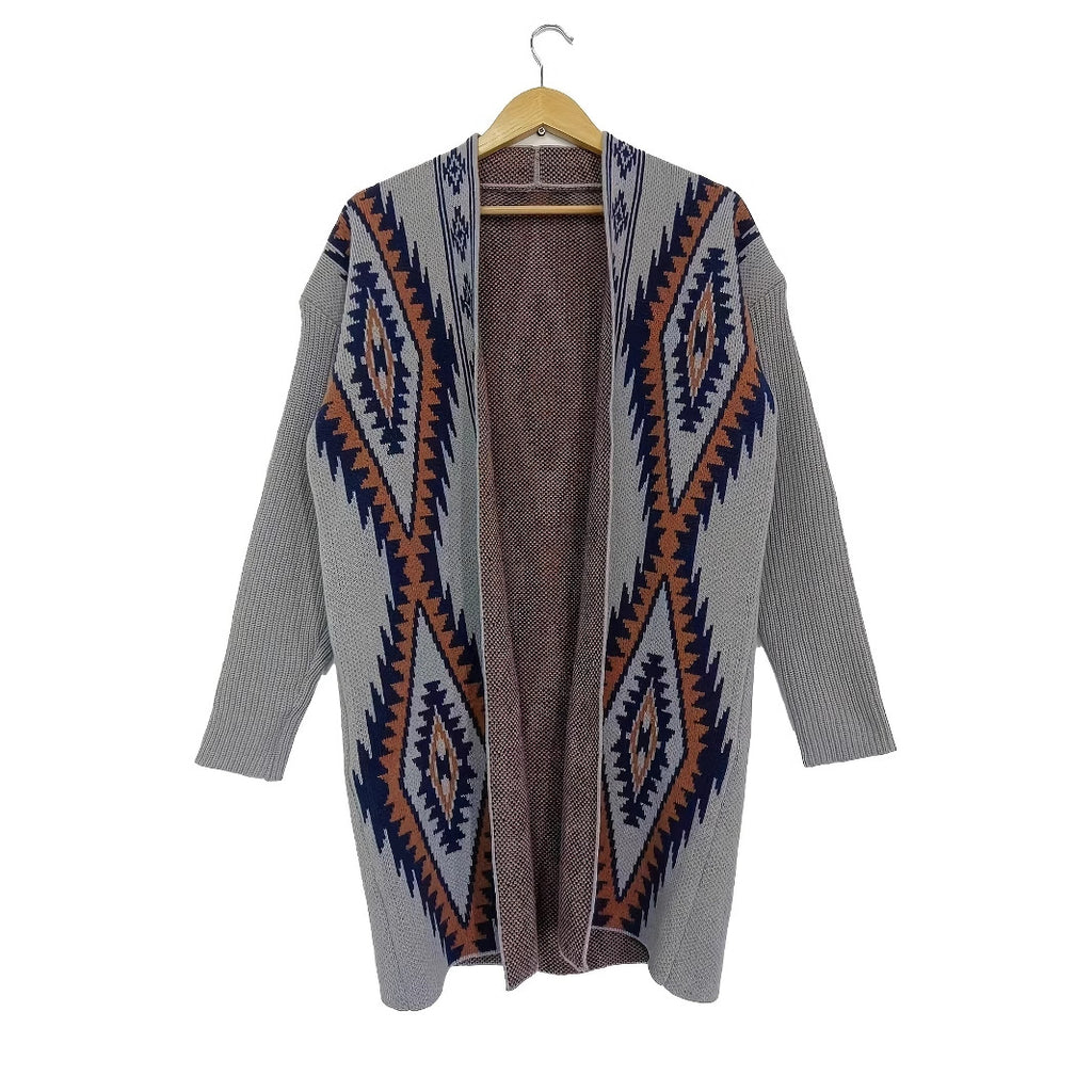 Western Geometric Print Open Front Cardigan - Grey - 1
