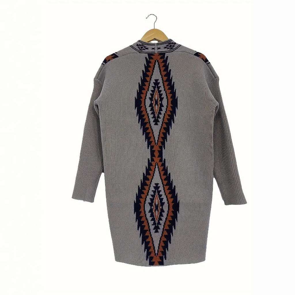 Western Geometric Print Open Front Cardigan - Grey - 2