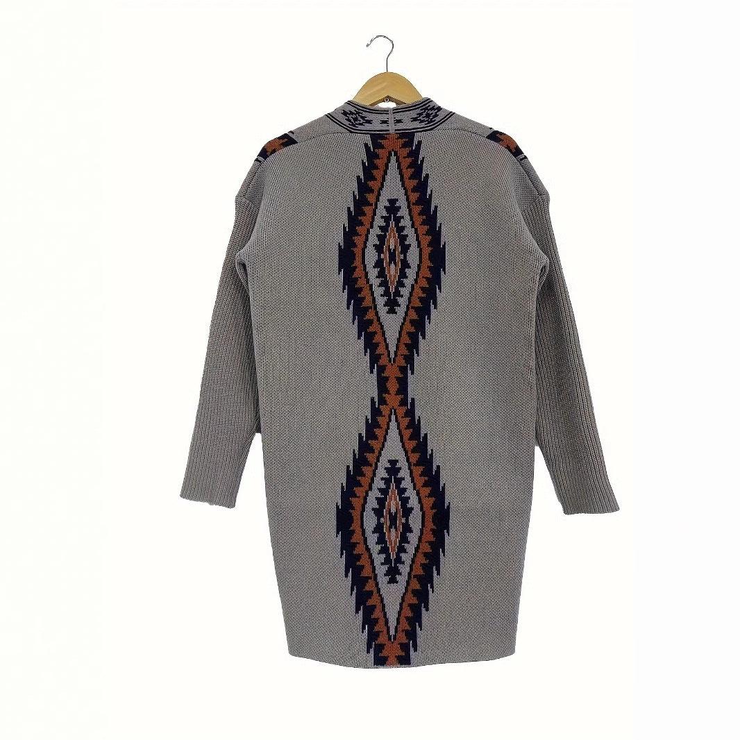 Western Geometric Print Open Front Cardigan - Grey - 2