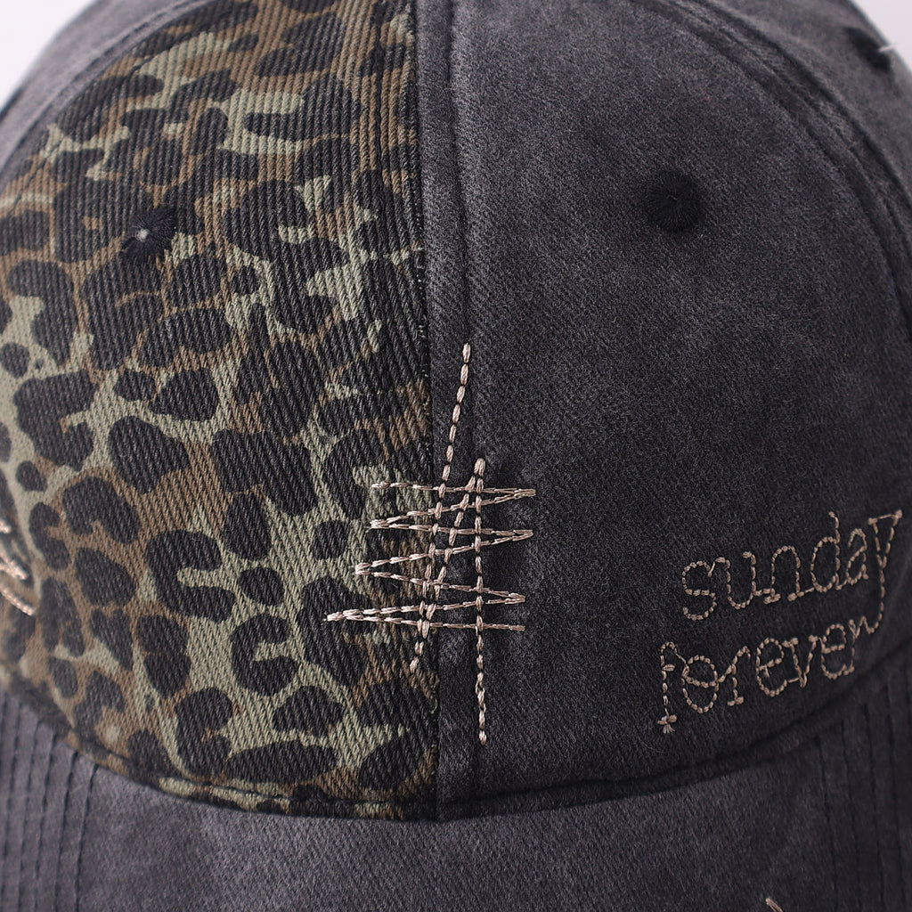 Leopard Panel Washed Ponytail Baseball Cap - Black - 2