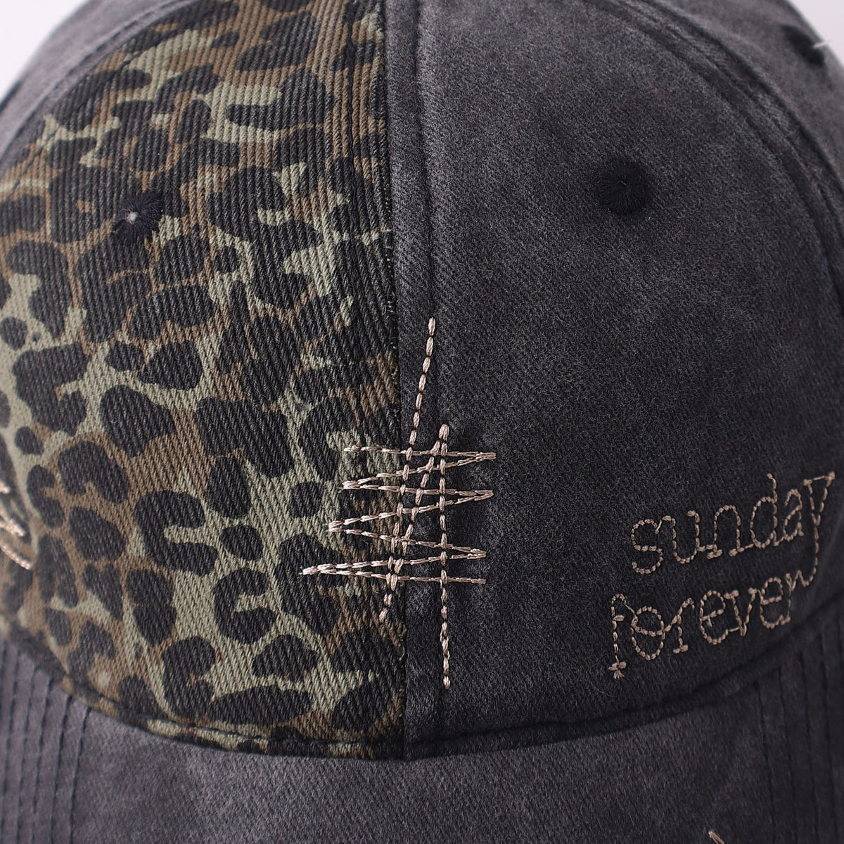 Leopard Panel Washed Ponytail Baseball Cap - Black - 2